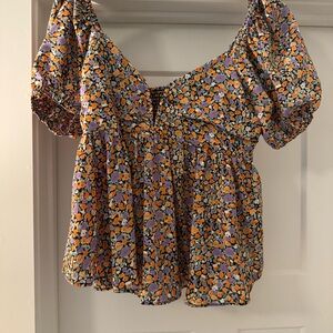 fab'rik Orange and Blue Puff Sleeve Peplum Blouse